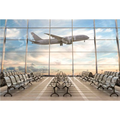 Airport terminal lounge with airplane on background. 3d illustration