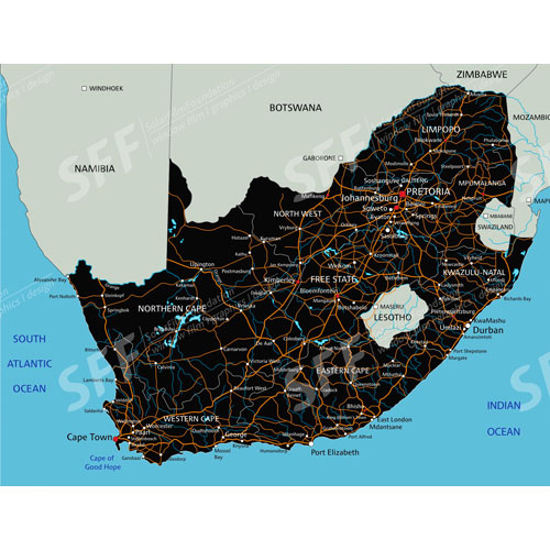 South Africa road map with labeling